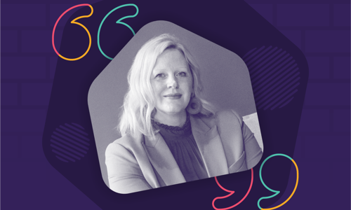 A photo of Catherine Asta in a house cut out icon on a dark purple background