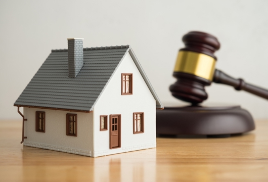 A lego-type house on a table with a gavel in the background 