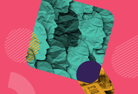 Picture of cut out shapes of faces in green on a pink background