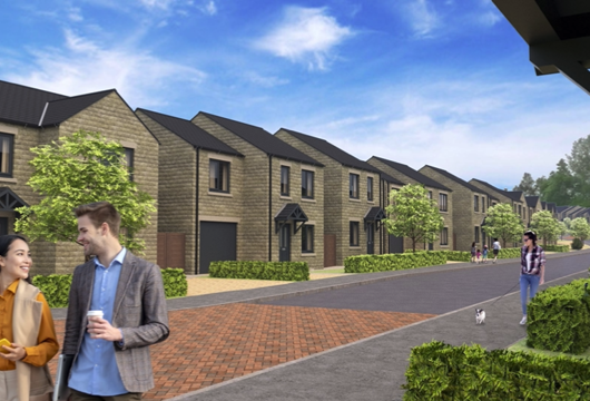  Young couple walking in street of new houses