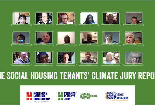 Image showing 18 social housing tenants on video call above title The Social Housing Tenants' Climate Jury Report