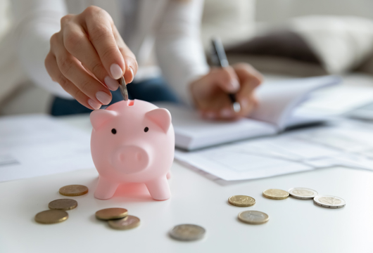 Woman putting coins into a pink piggy bank